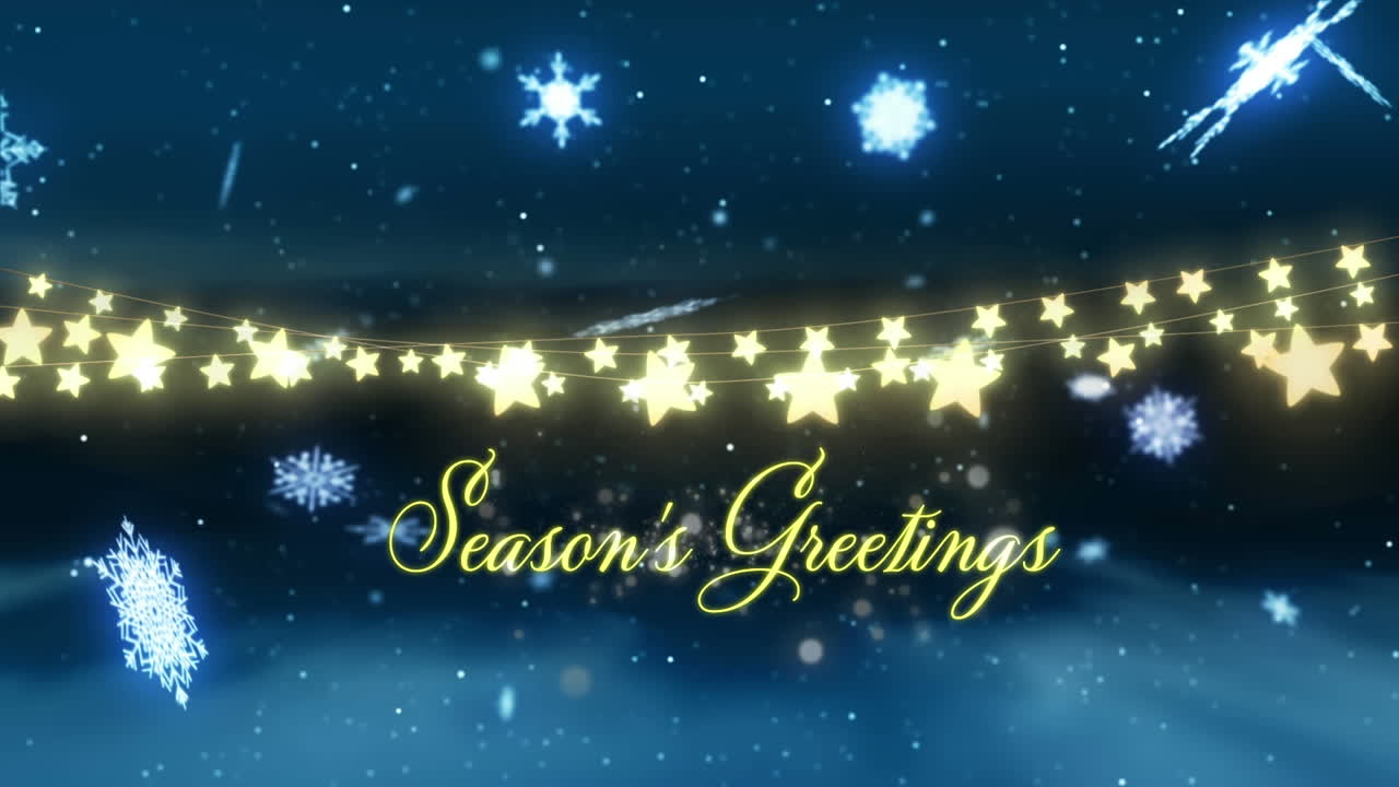 계절의 애니메이션 축하 문자 별과 검은 바탕에 내리는 눈