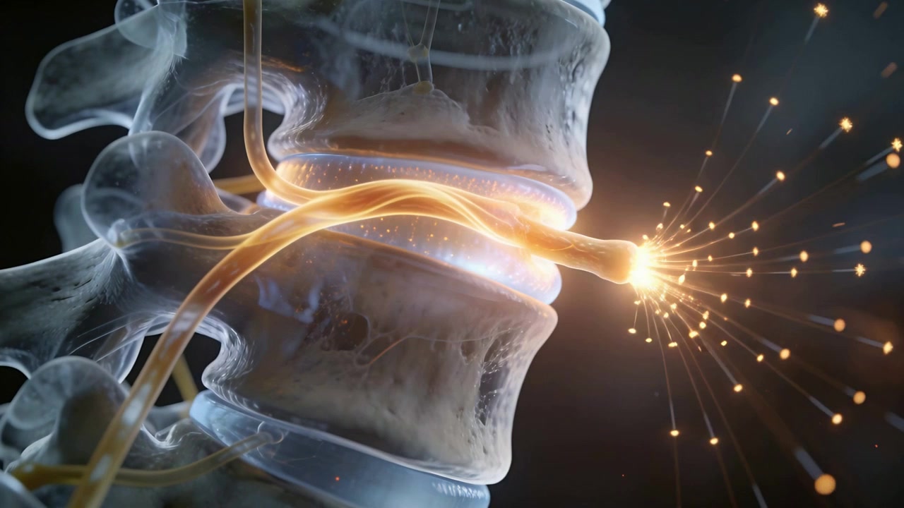 Stimulating nerve root sending signal at foramen, lighting translucent vertebrae, emitting sparks