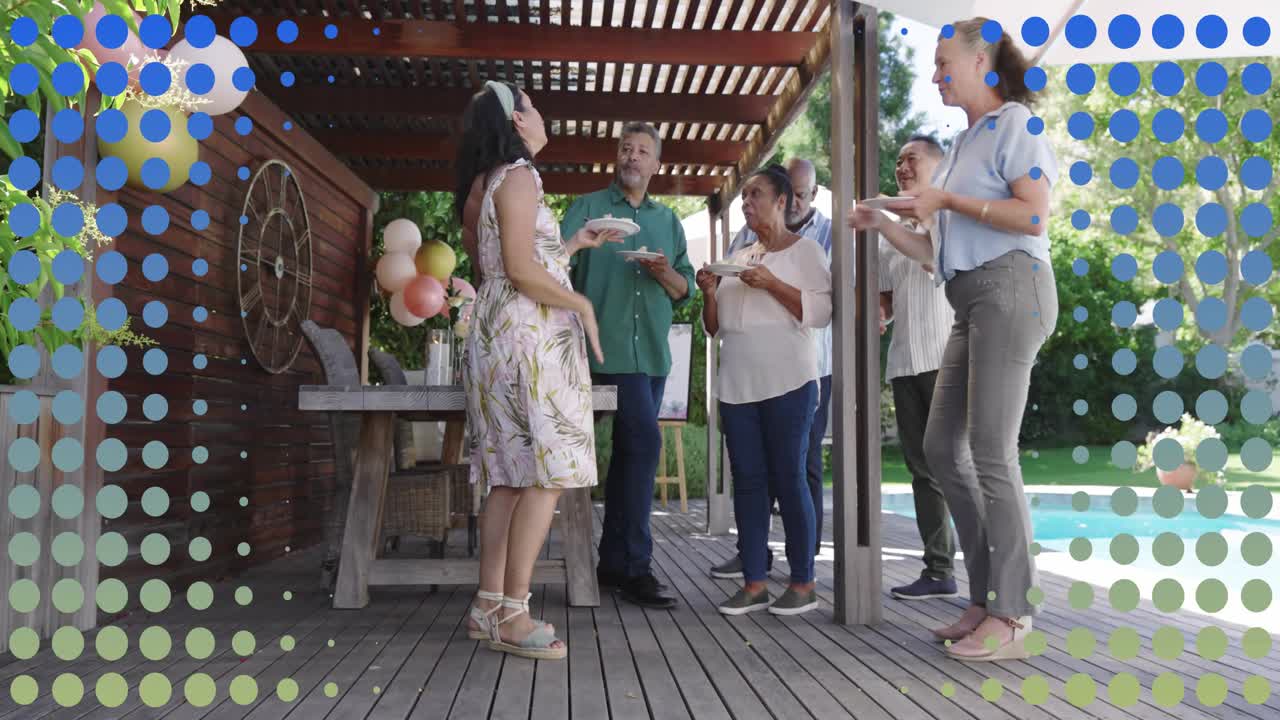 Event planning scene: man in green smiling, inviting group closer under pergola with desserts