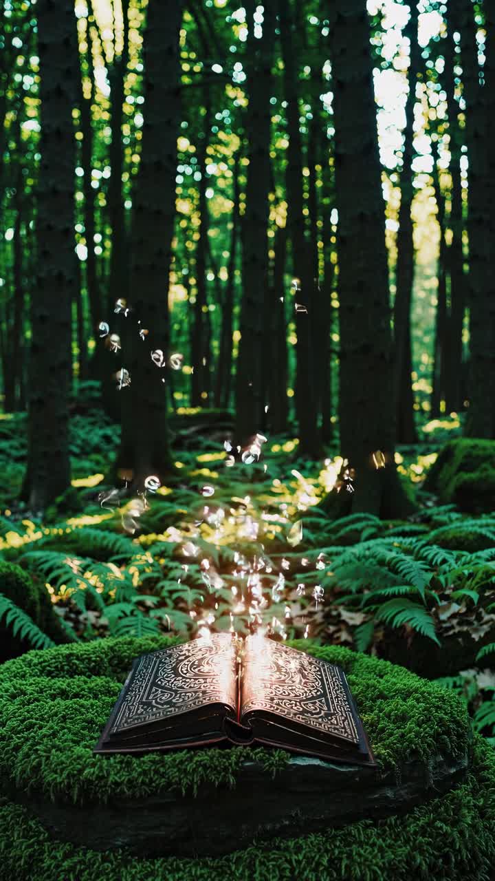 A magical book emits glowing particles in a forest. Captured from a low angle, this scene resembles