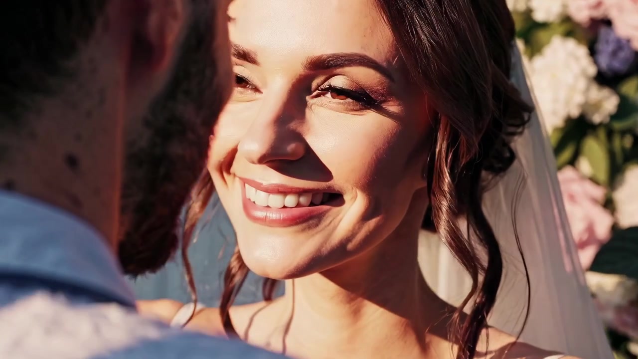 Mariée heureuse souriant au marié pendant la cérémonie de mariage