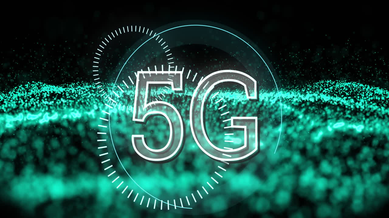 animazione di testo 5g su maglia ondulata astratta con punti verdi