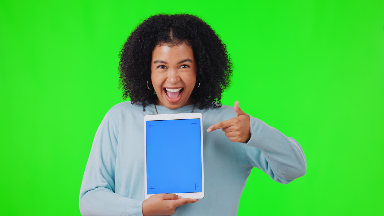 Woman, tablet and excited for mockup on green