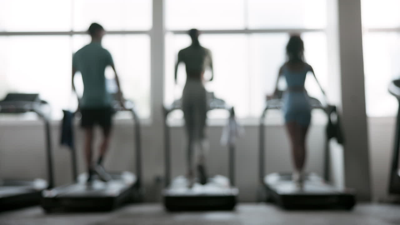 체육관 에서 트레드밀 에서 운동 하는 사람 들