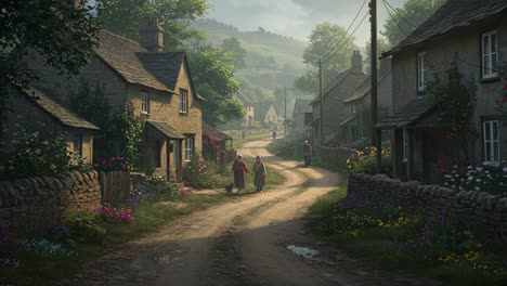 Serene Villagers Strolling Through a Quaint, Flower-Bedecked Country Lane, Illuminated by Soft Morning Light and Surrounded by Tranquil Countryside Beauty