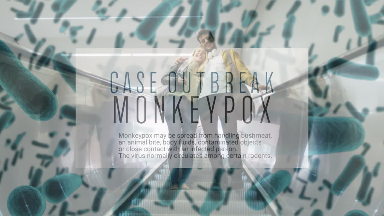 Animation of monkey pox over viruses and caucasian couple