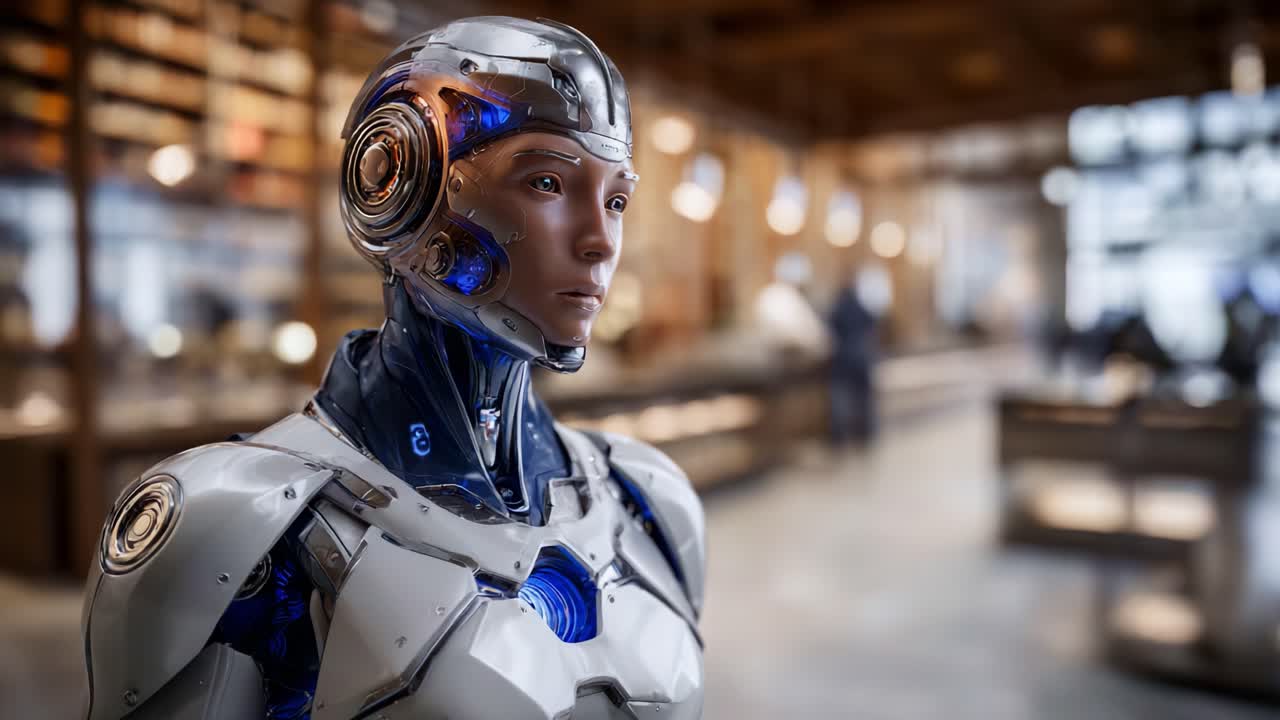 Una figura robotica futuristica si erge in un ambiente interno moderno, mettendo in mostra design e tecnologia avanzati, a simboleggiare il futuro delle interazioni uomo-robot