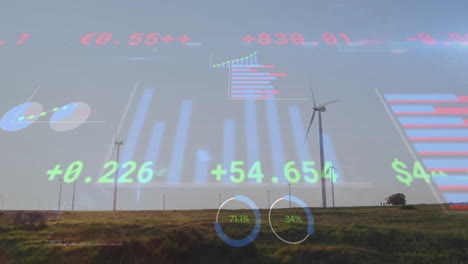 financial data and statistics animation over wind turbines in field