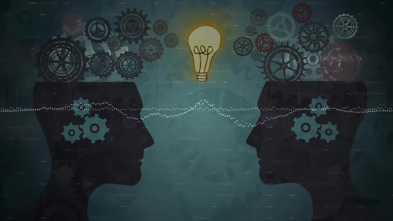 animación de engranajes que se mueven sobre cabezas y bulbo sobre fondo verde