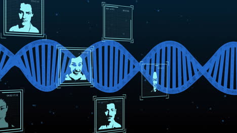 análisis de datos genéticos, cadena de adn con retratos digitales en animación
