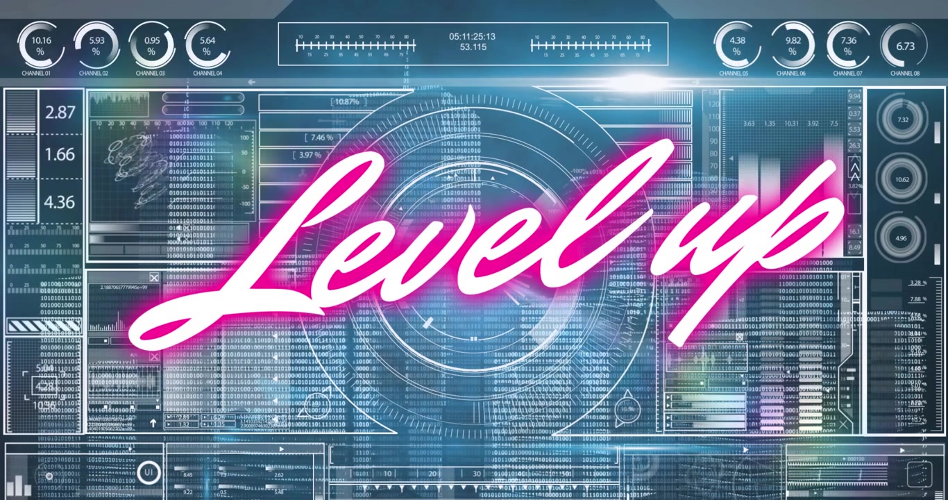 Animation of level up text and data processing on blue background