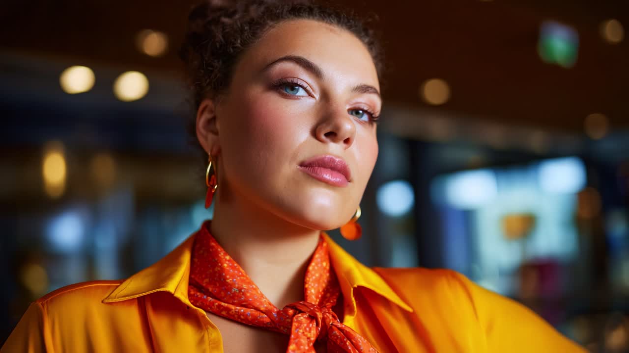 Una giovane donna sicura di sé, con lineamenti marcati e un outfit vivace, posa per la fotocamera, mostrando moda, stile e portamento in un ambiente colorato.