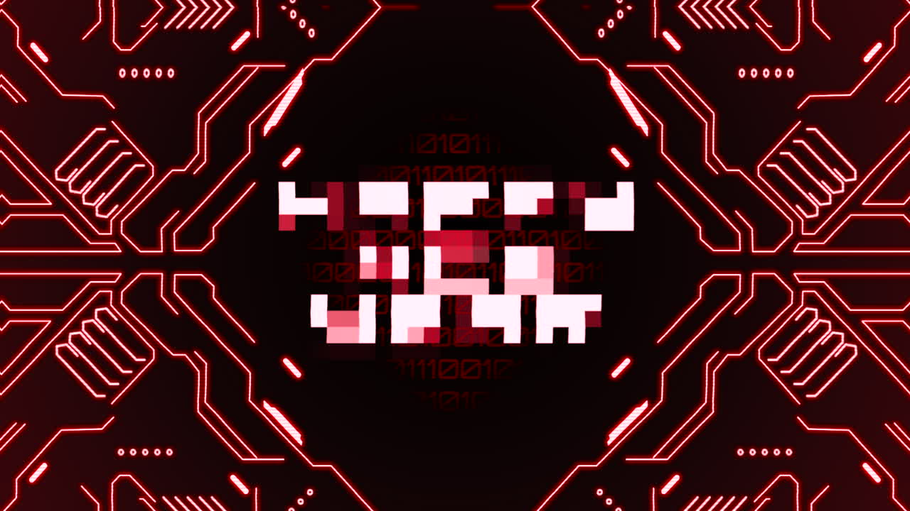 Happy New Year on red mother board with matrix text from numbers