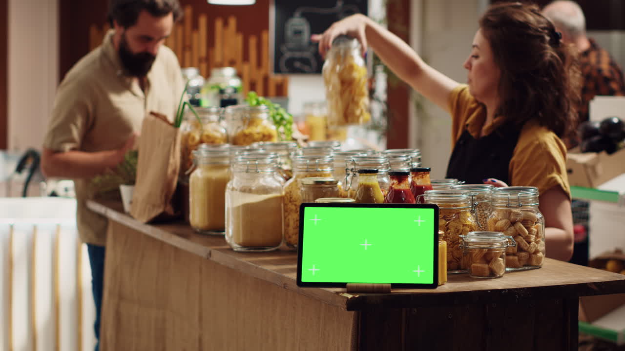anuncio en una tableta de maqueta en una tienda ecológica