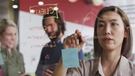 Asian-woman-writing-on-glass-board-and-discussing-at-modern-office