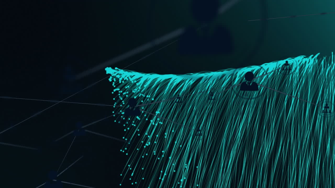 Animation of network of connections over blue energy on black background