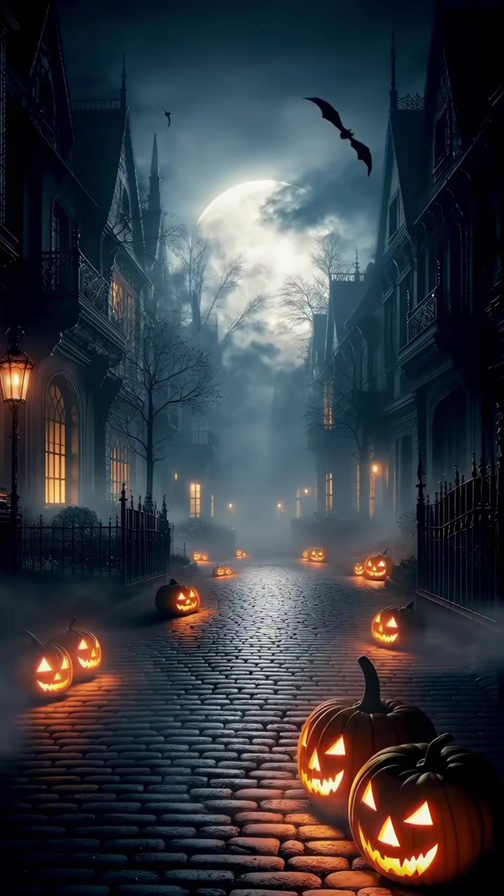 Notte di Halloween inquietante su una strada acciottolata con zucche intagliate