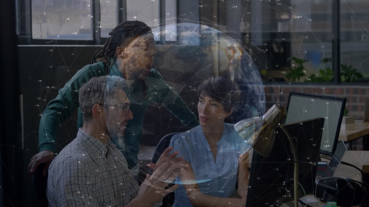 연결 네트워크의 애니메이션과 사무실에서 비즈니스 사람들에 대한 세계