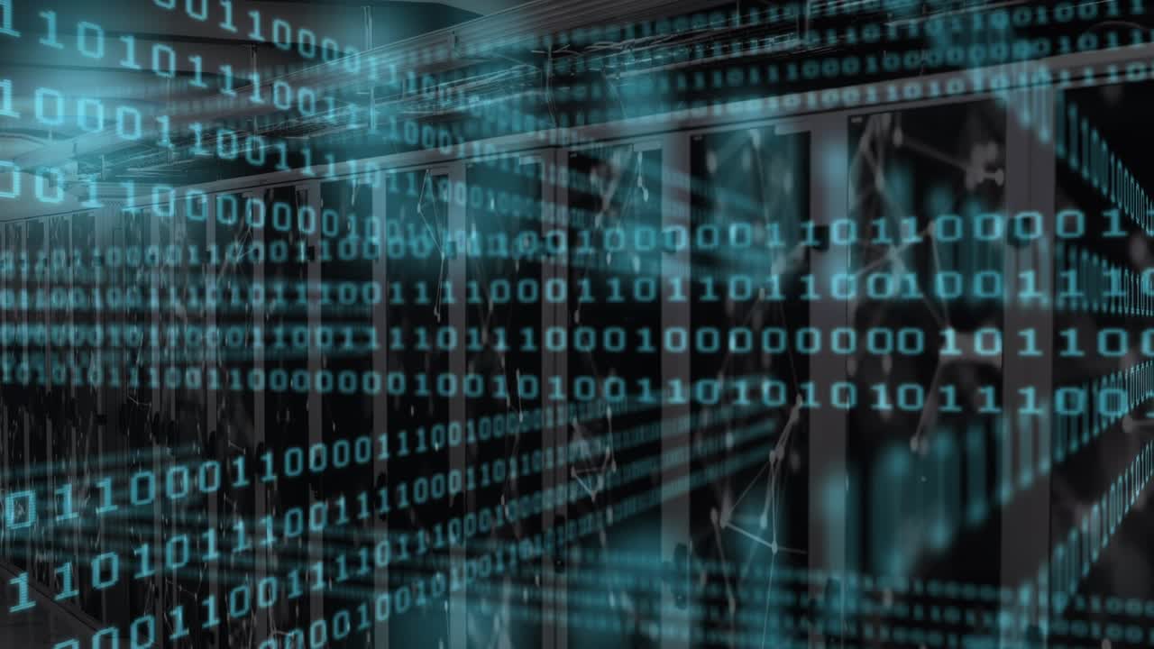 Animation of binary code in blue over servers