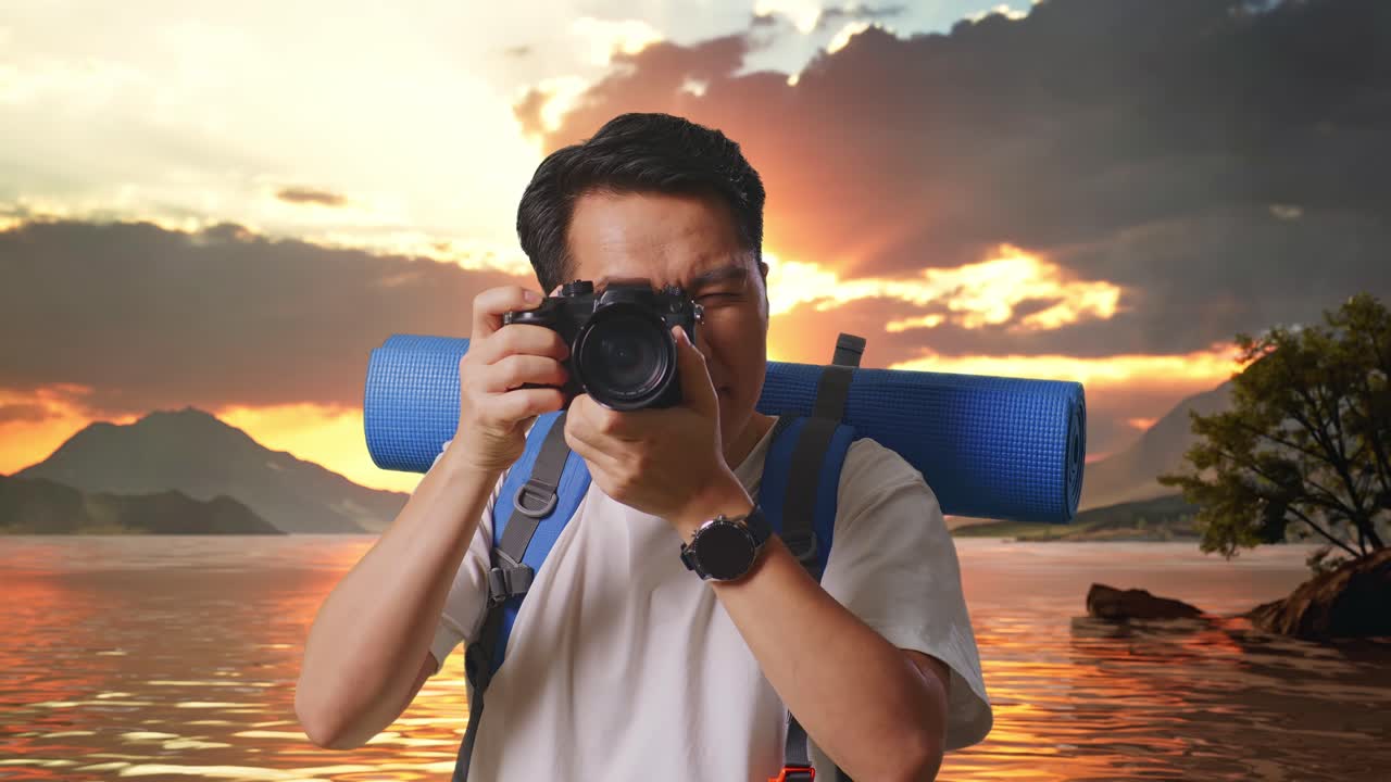 close up de un excursionista masculino asiático con una mochila de montañismo usando una cámara tomando una foto en un lago