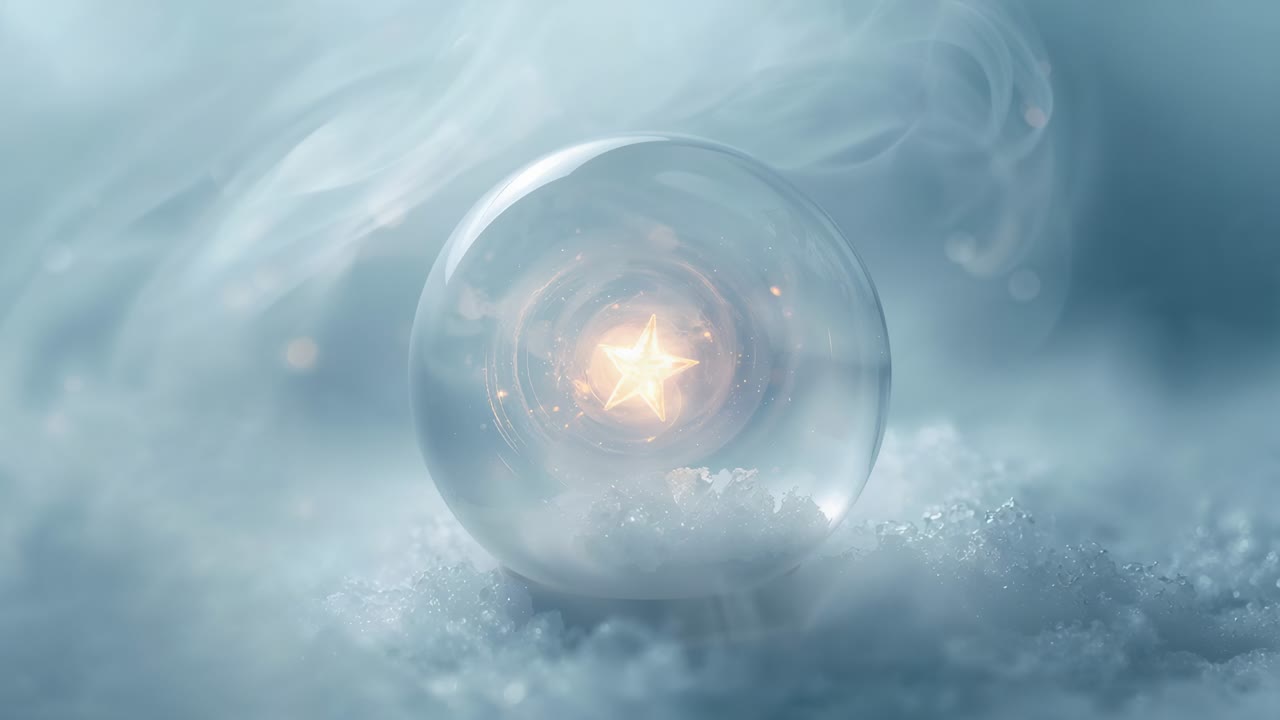 Pulsing star in glass sphere, brightening, releasing golden sparkles on frost bed, vapor drifting