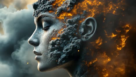 woman's head transforming into clouds and fire during sunrise