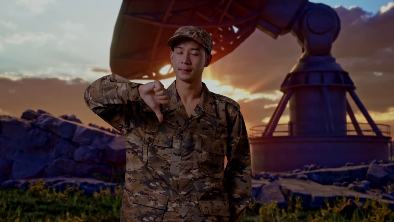 Asian Man Soldier Showing Thumbs Down Gesture To Camera While Standing With Satellite Dish