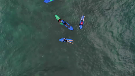 video aéreo de arriba hacia abajo de surfistas remando y surfeando