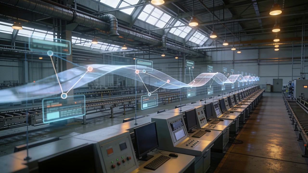 Streaming holographic ribbon above operator consoles on data update, visualizing production flow
