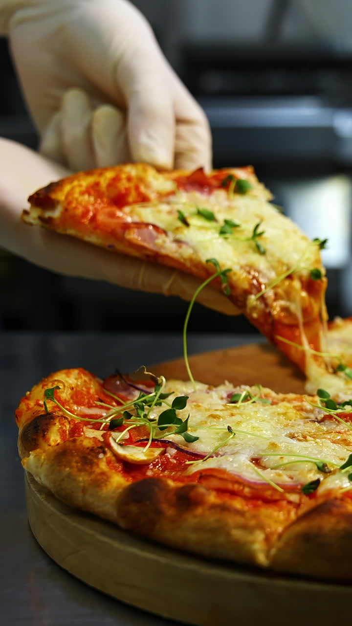 Delicious pizza on wooden board. Hands in gloves taking one piece of ready pizza. Well-baked pizza with melted cheese in the restaurant. Vertical video