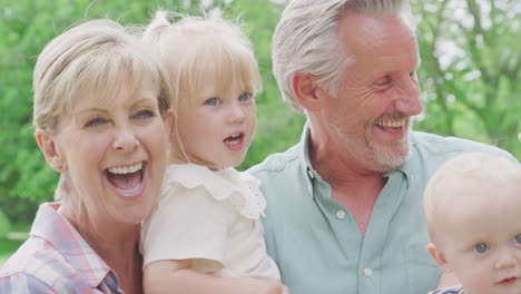 retrato de abuelos sonrientes con madre y nietos en casa en el jardín juntos