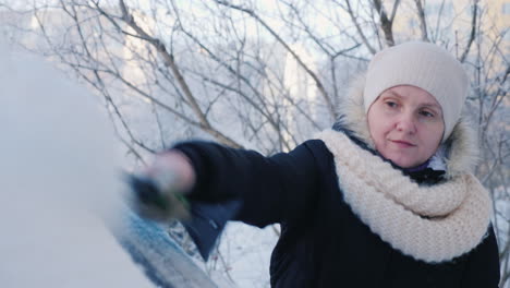 a woman removes snow from her car