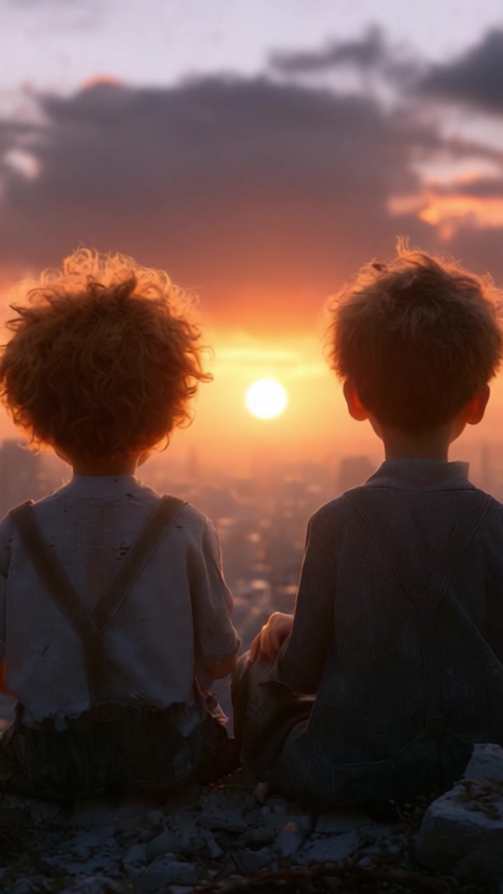 Due bambini animati con i capelli ricci siedono fianco a fianco, guardando un tramonto mozzafiato su una vasta città, creando un momento di tranquillità e meraviglia