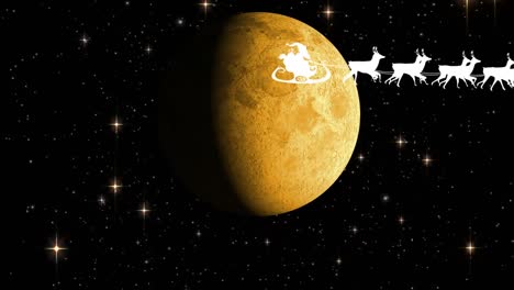 Animation-of-santa-claus-in-sleigh-with-reindeer-over-moon-and-stars