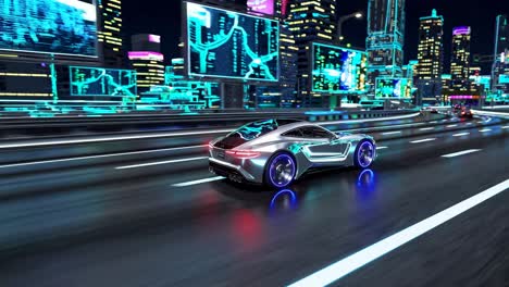 Futuristic Sports Car in a Cyberpunk City at Night