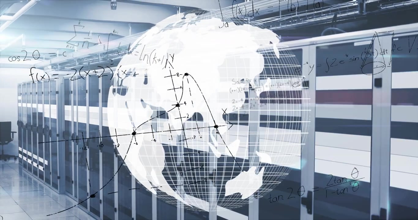 Animation of data processing and globe over server room