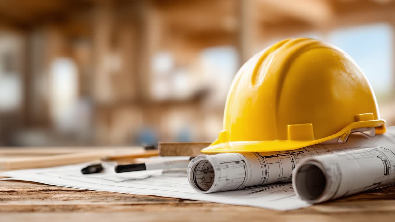 Construction Site Essentials: A Close-Up of a Yellow Hard Hat and Architectural Plans, Symbolizing Safety and Planning in Building Projects
