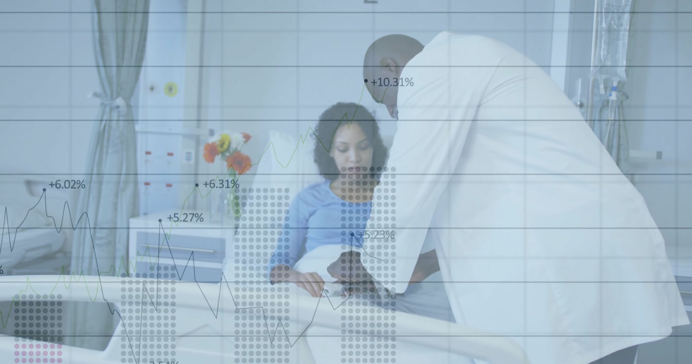 Doctor leaning over hospital bed, attaching pulse oximeter while animated health graph pulsing