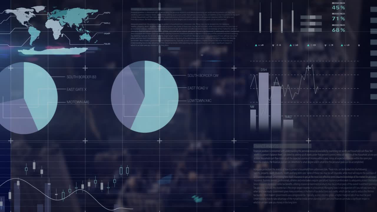 Animation of statistical data processing against aerial view of cityscape