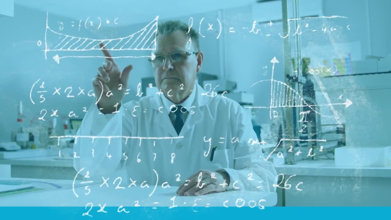 Mathematical equations moving against male scientist working in laboratory