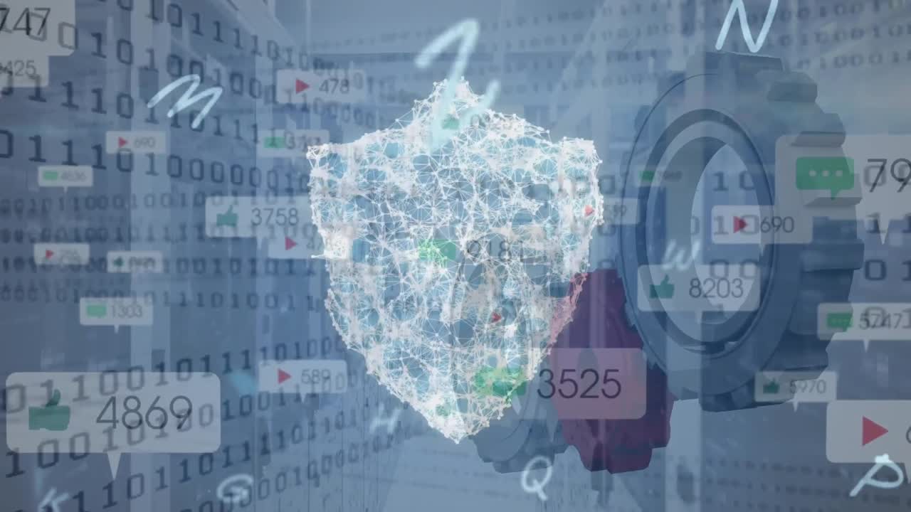 바이너리 코드로 배경 위에 디지털 방패, 아이콘 및 기어의 애니메이션