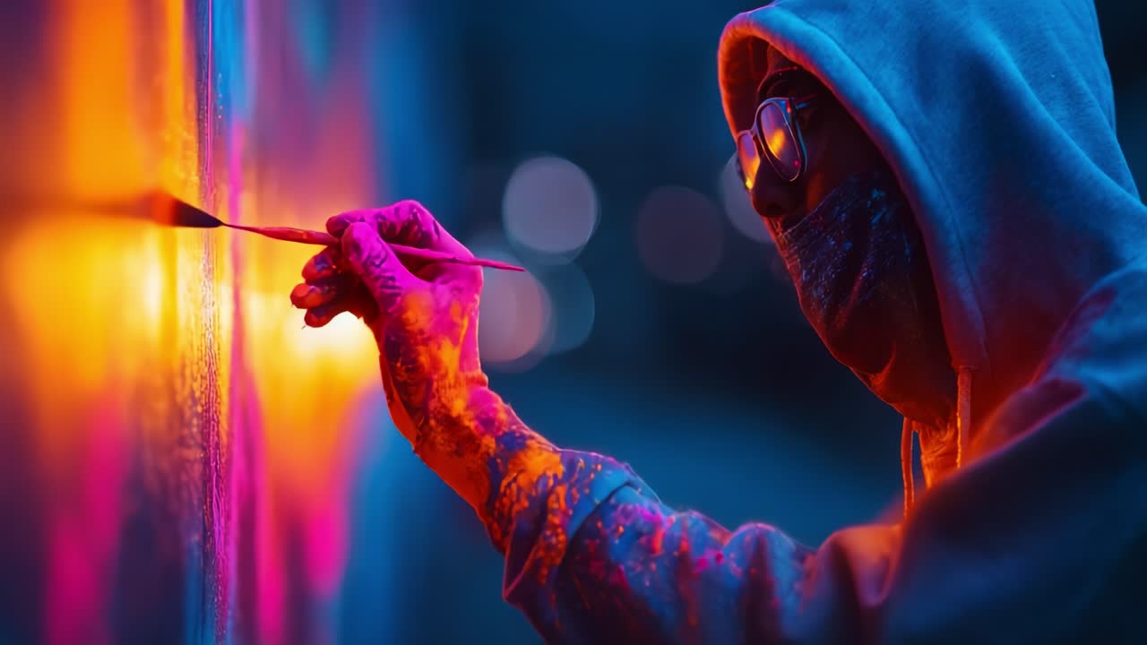 A skilled artist creates vibrant street art using bright colors and intricate details late at night, showcasing a passionate relationship with urban creativity and self-expression
