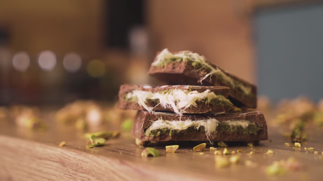 Gourmet Dubai chocolate filmed in detail with crushed pistachios showing elegant textures and rich chocolate surface in close view