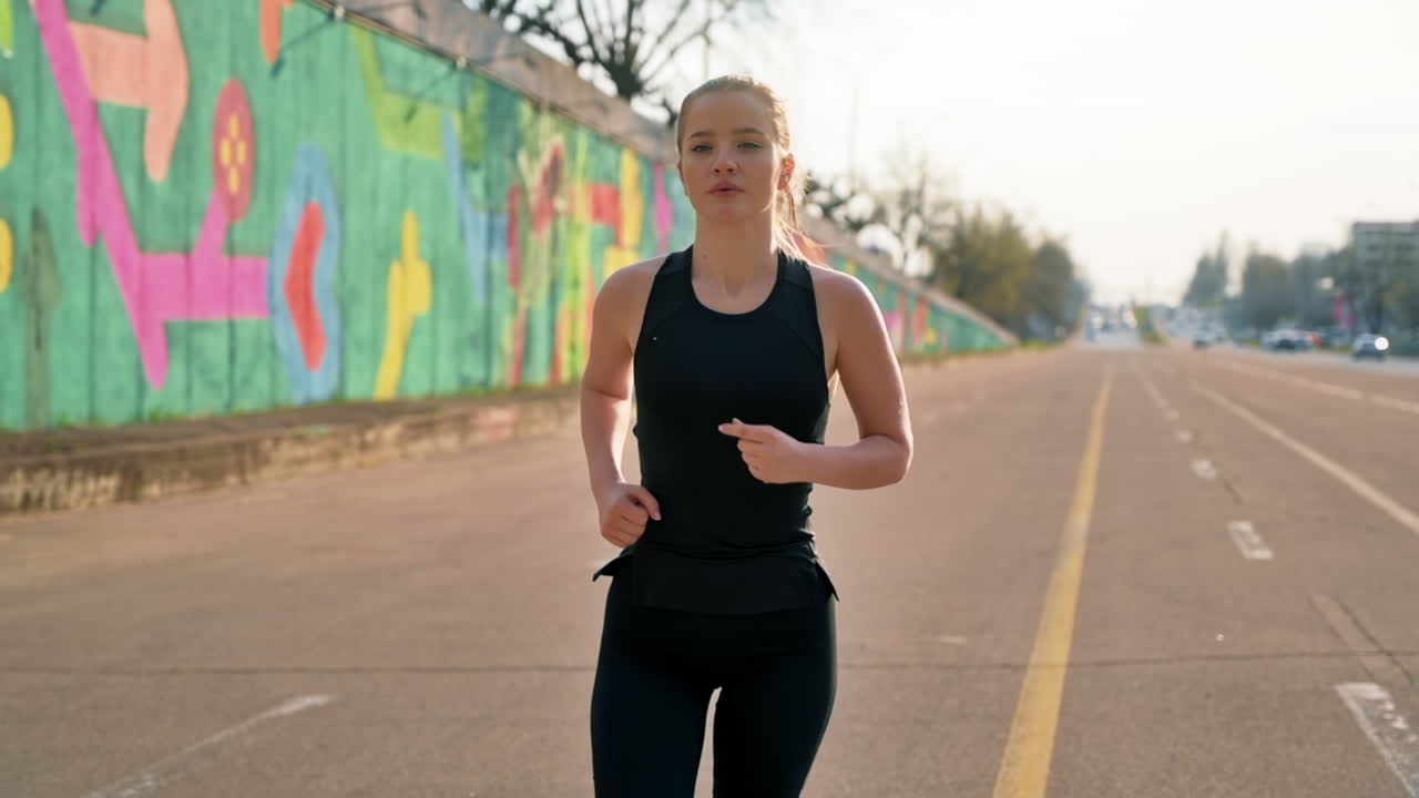 Young blonde woman in sportswear running on the road at outdoors training. Slow motion