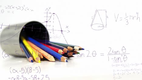 animación de ecuaciones matemáticas flotando sobre lápices de colores contra un fondo blanco.