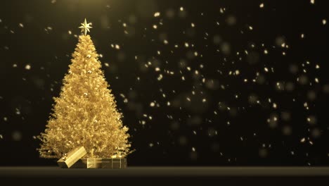golden christmas tree with gift box set with snow particles falling on black background. selective focus. 3d animation. christmas concept idea.