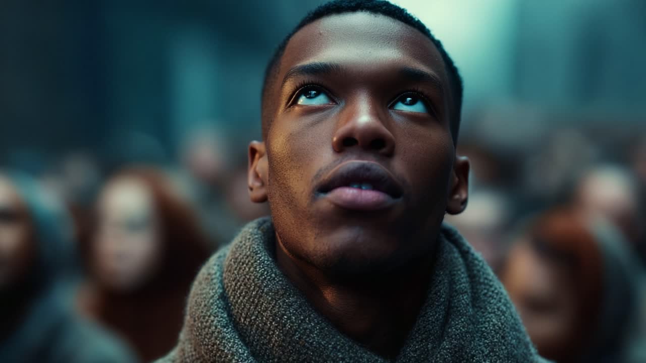 A Solemn Reflection: An Individual Gazes Upwards Amidst a Sea of Faces, Capturing a Moment of Contemplation and Hope in a Crowded Urban Environment
