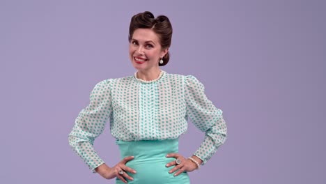 elegant woman in vintage-style outfit smiling