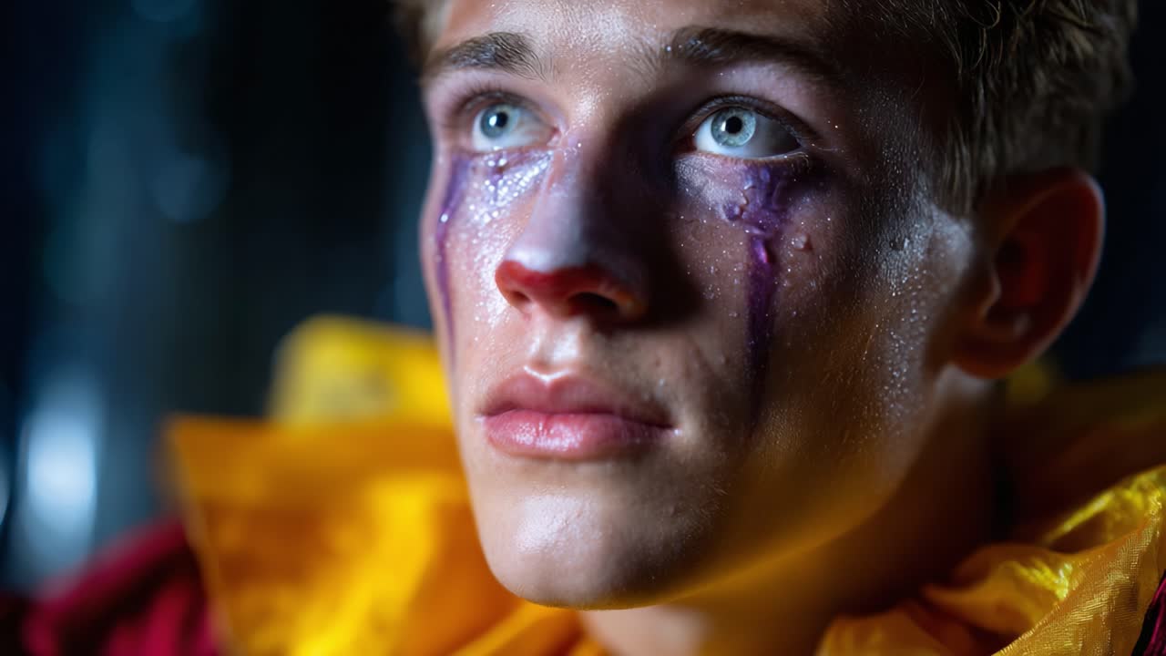 Intenst udtryk hos en ung klovn med dramatiske makeup og følelsesladet optræden fanget i to frames af en dynamisk videosekvens