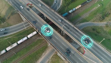 highway near railway, car traffic on road junction, technologies of artificial intelligence, motion graphics, visualization of transportation tracking system, freight train ride on railroad, view from height.